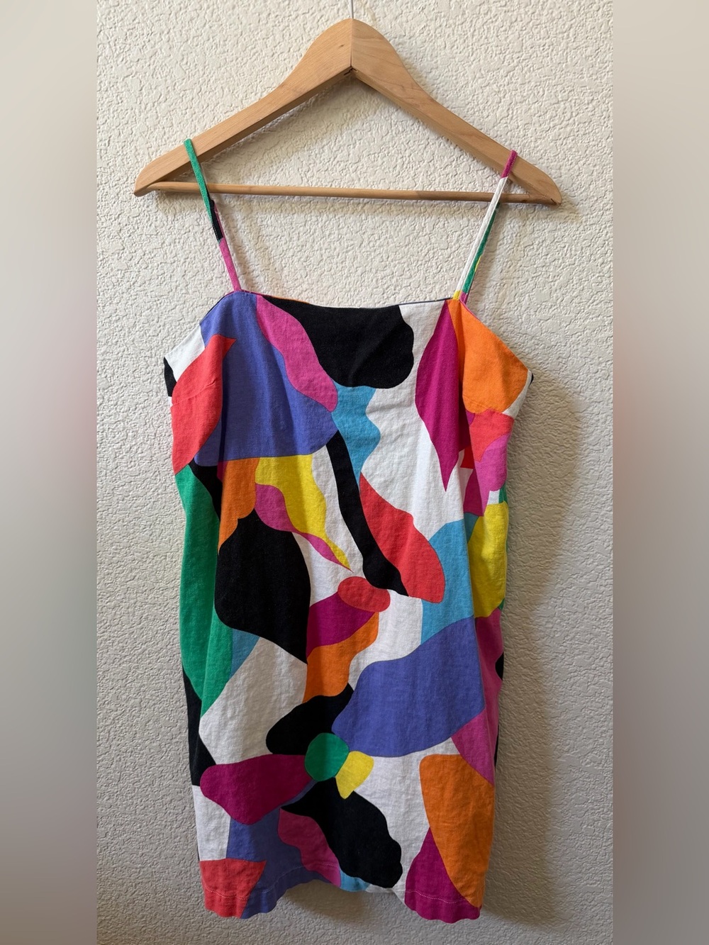 A New Day Medium Colorful Abstract Summer Dress Spaghetti Strap Linen/Rayon